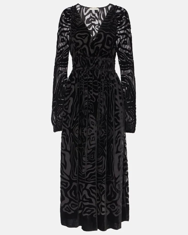 Ulla Johnson Abito midi Elora in velluto e mesh Nero