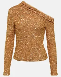 Self-Portrait Top con paillettes e scollo bardot Oro