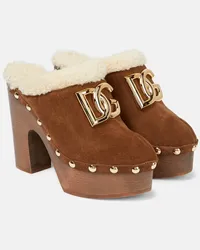 Dolce & Gabbana Mules in suede con logo e plateau Marrone