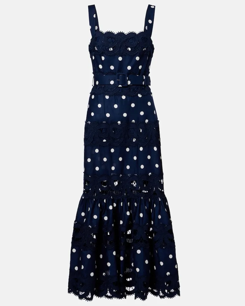Self-Portrait Abito midi in lino e cotone a pois Blu
