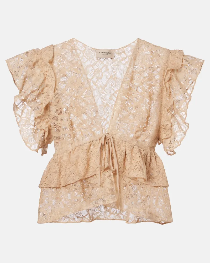 Adriana Degreas Top cropped in pizzo con volant Beige