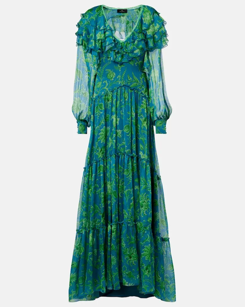 Etro Abito lungo in chiffon di seta con stampa Blu