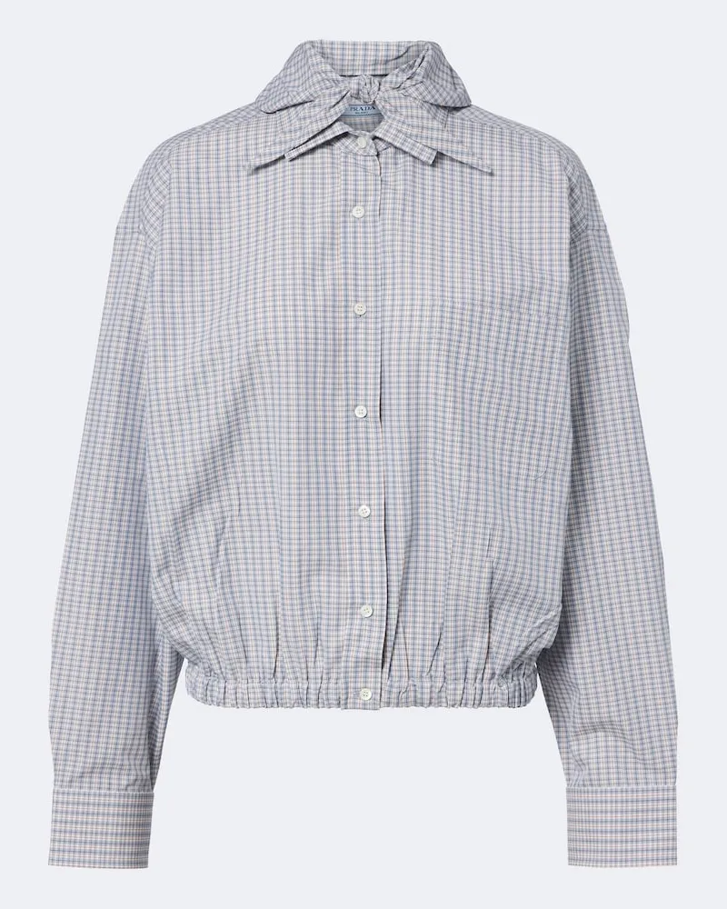 Prada Blusa in cotone a quadri con fiocco Blu