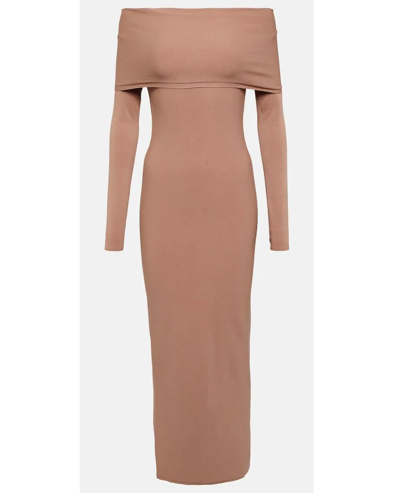 Alaïa AlaÃ¯a Abito midi in jersey con scollo bardot Beige
