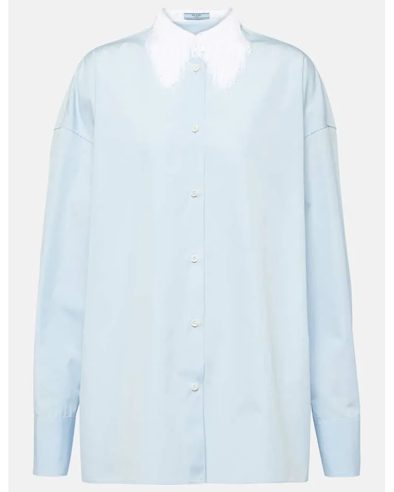Prada Camicia in popeline di cotone con frange Blu