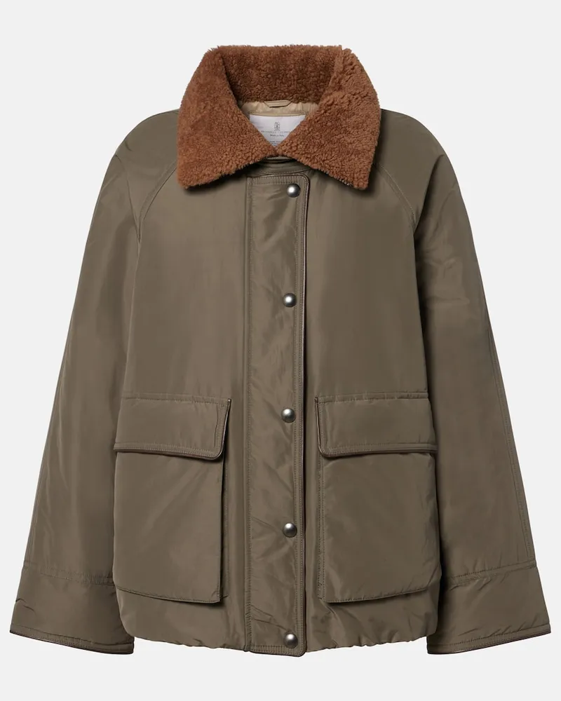 Brunello Cucinelli Giacca in misto cotone con shearling Verde