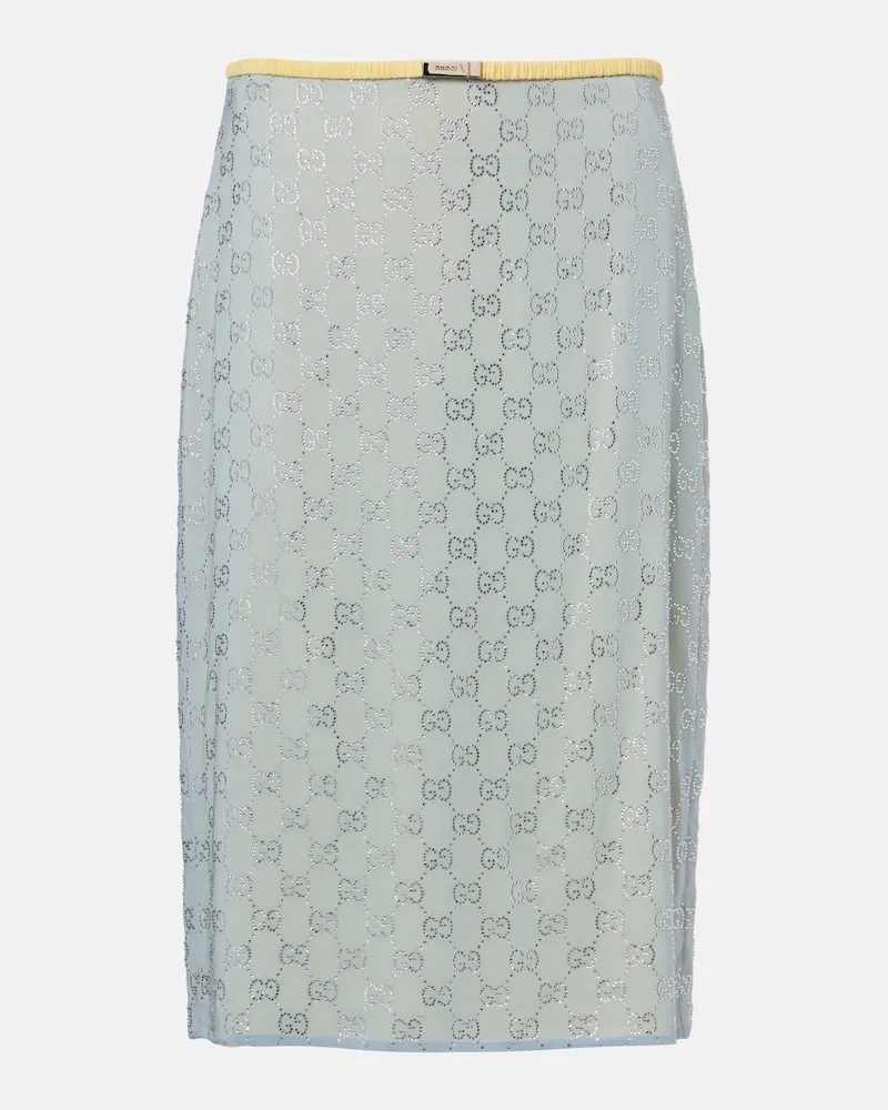 Gucci Gonna midi in misto seta con cristalli GG Blu