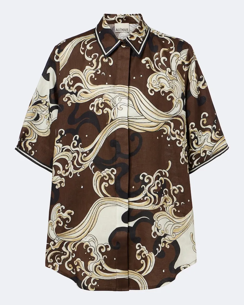 ALEMAIS Alémais Camicia oversize Otis in lino con stampa Marrone