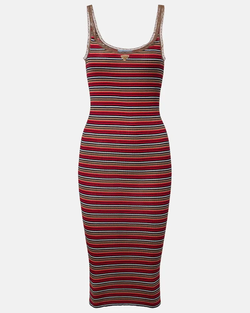 Prada Abito midi in cotone a coste con logo Rosso