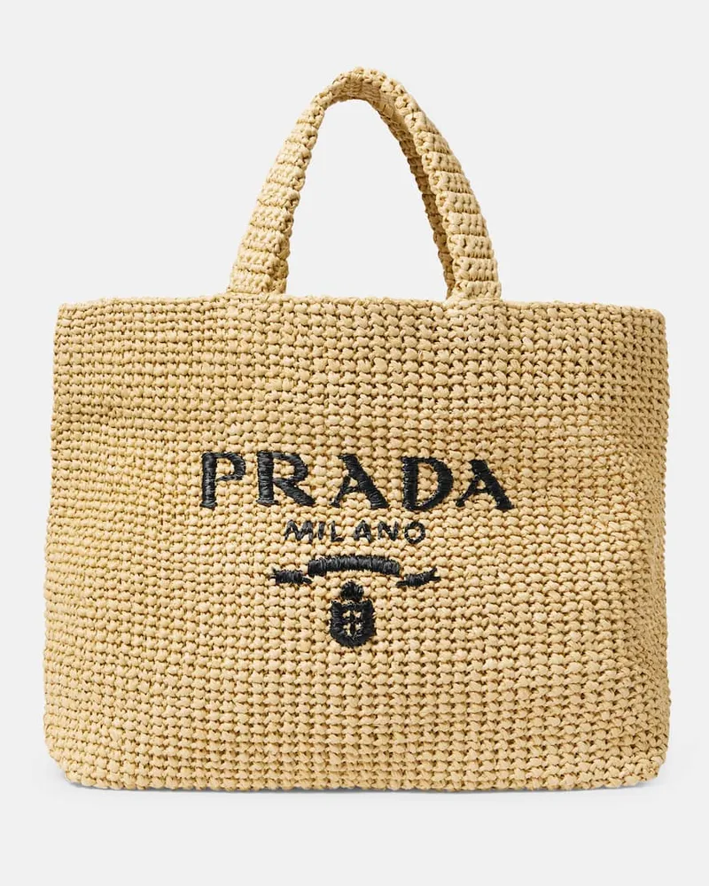 Prada Shopper Medium in rafia con logo Beige