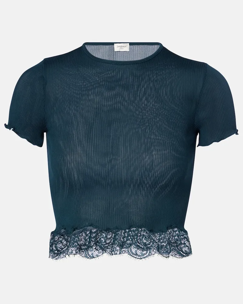 Saint Laurent T-shirt cropped in seta con pizzo Verde