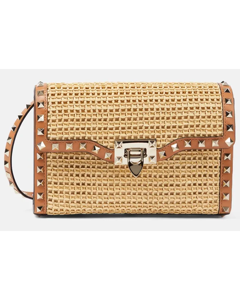 Valentino Garavani Borsa a spalla Rockstud Small in rafia con pelle Neutro