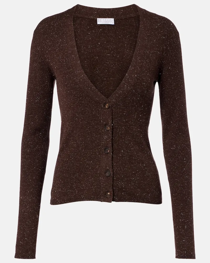 Brunello Cucinelli Cardigan in misto cashmere a coste Marrone