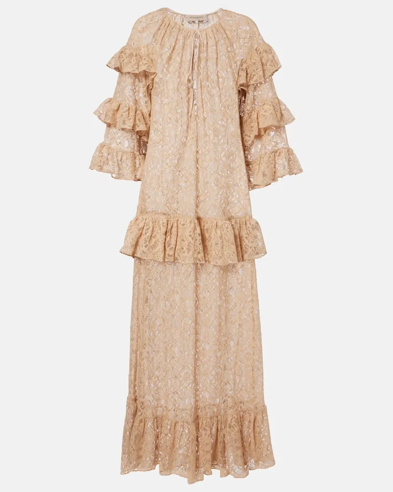 Adriana Degreas Abito lungo in pizzo con volant Beige