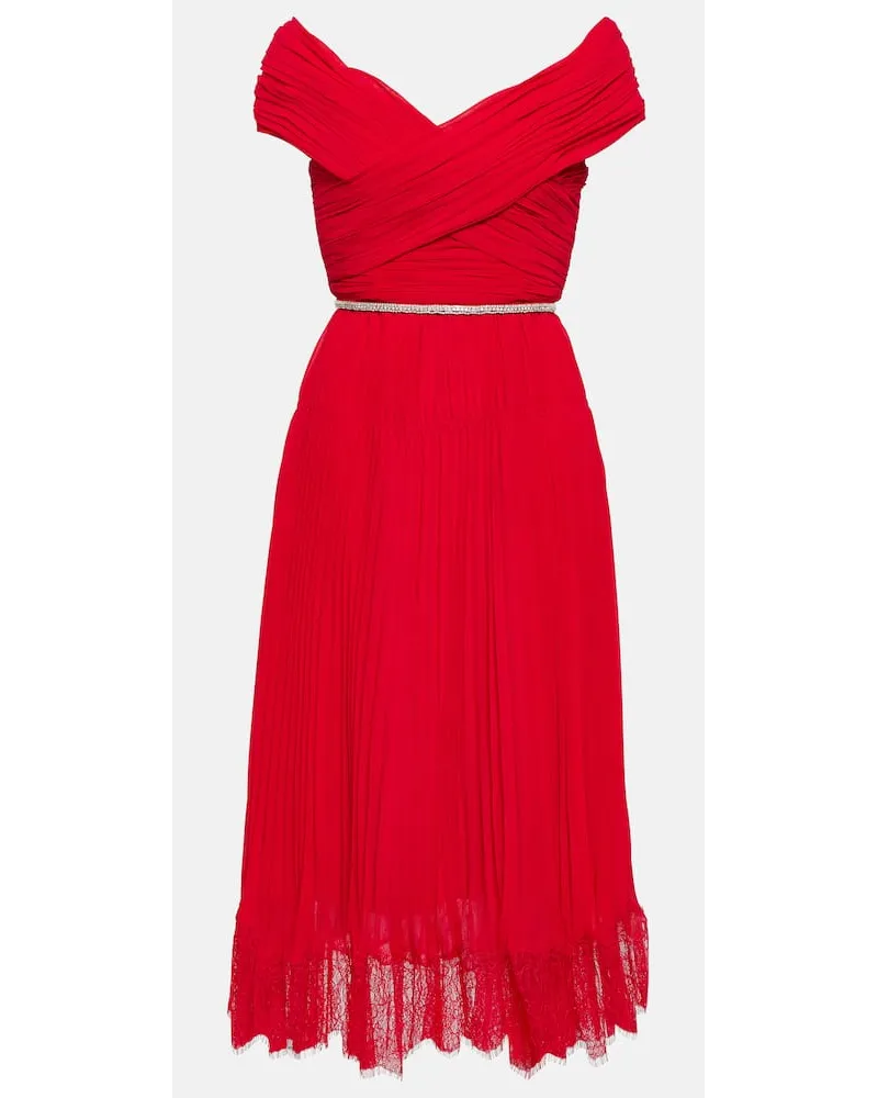 Self-Portrait Abito midi in chiffon con scollo bardot Rosso
