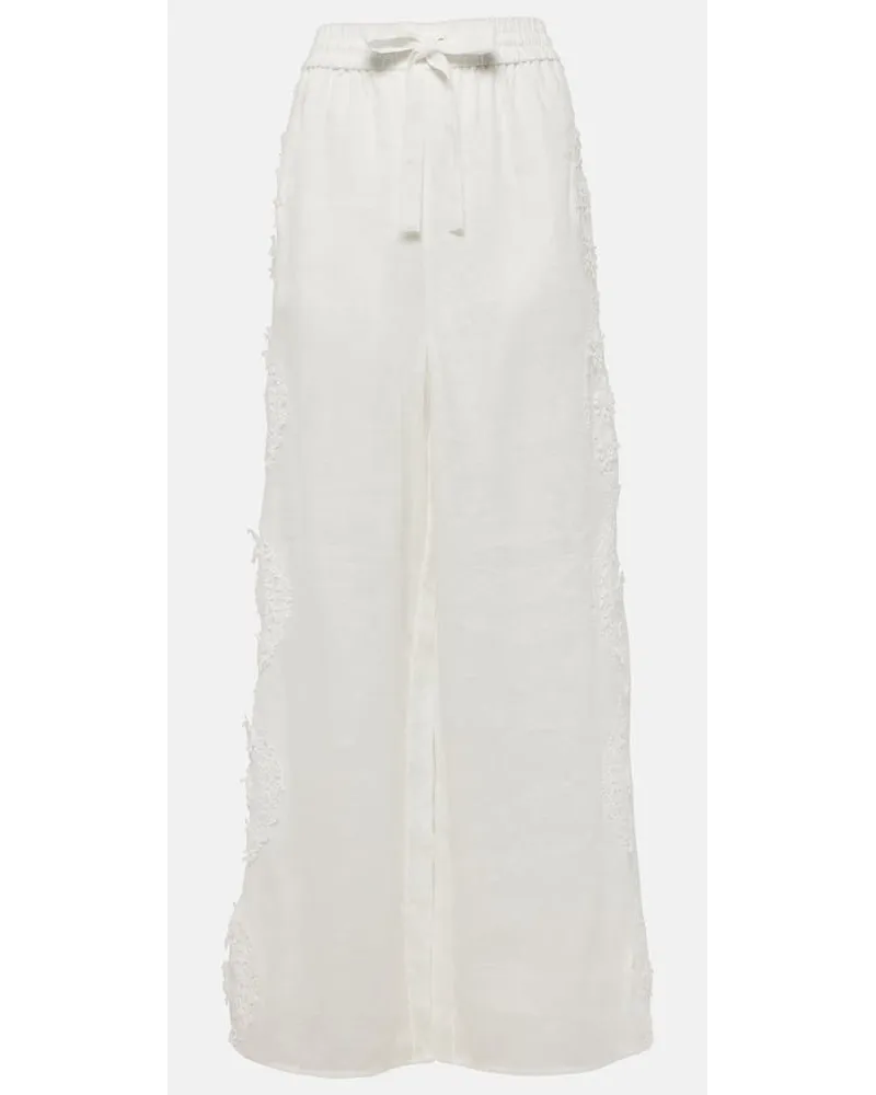 Zimmermann Pantaloni a gamba larga Halliday in lino con pizzo Bianco