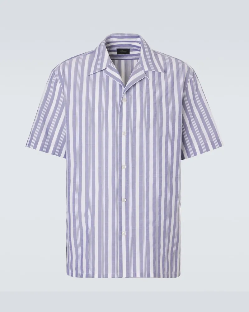 Brioni Camicia bowling in popeline di cotone a righe Blu