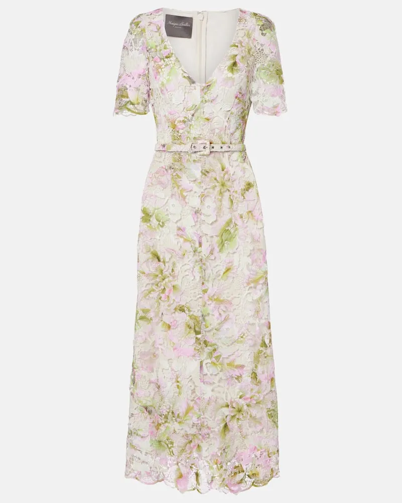 Monique Lhuillier Abito midi in pizzo con cintura Multicolore