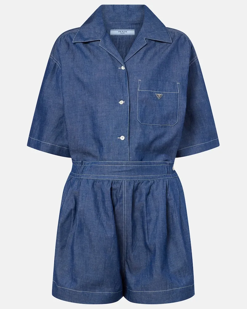 Prada Camicia in chambray di cotone e lino Blu