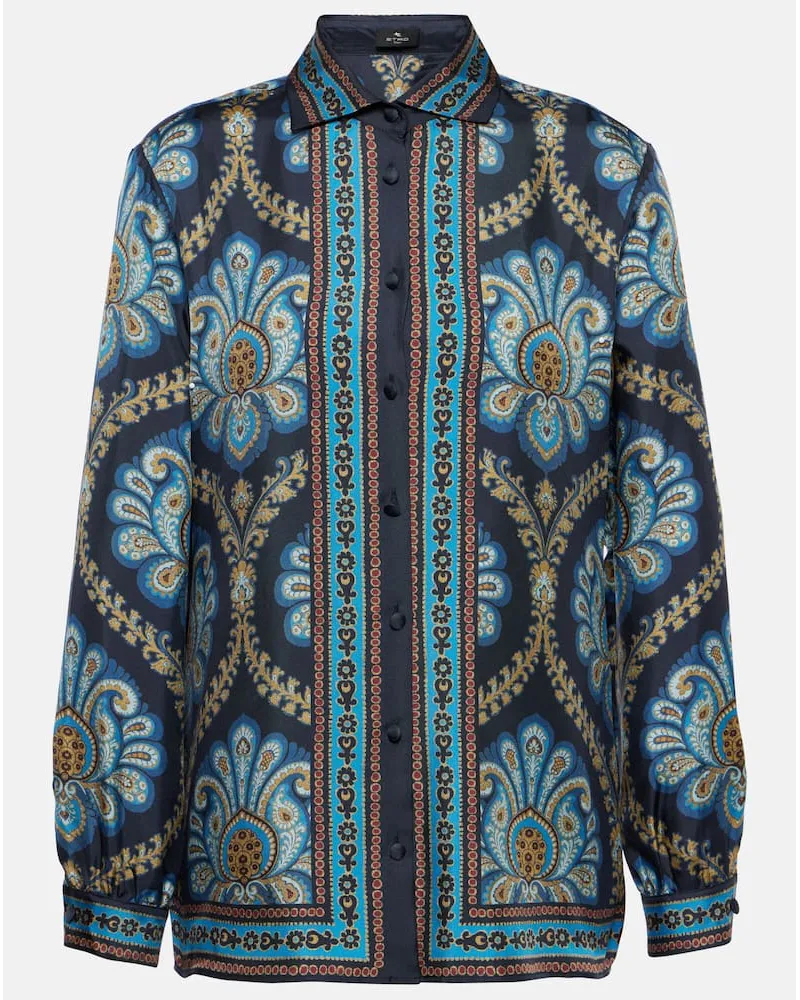 Etro Camicia in twill di seta con stampa Blu