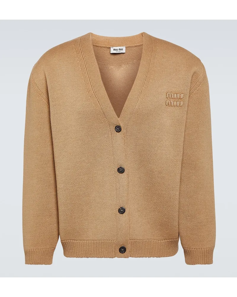 Miu Miu Cardigan in misto lana con logo Beige