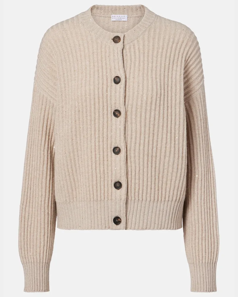 Brunello Cucinelli Cardigan in misto cashmere e lana a coste Beige