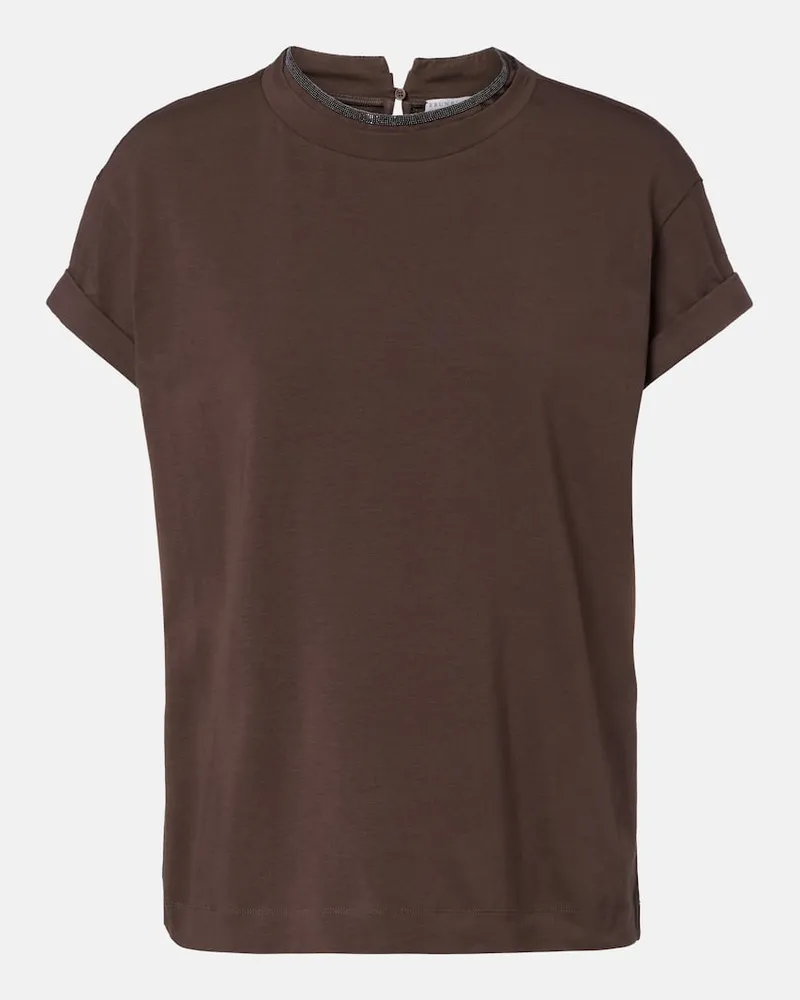 Brunello Cucinelli T-shirt in misto cotone con monili Marrone