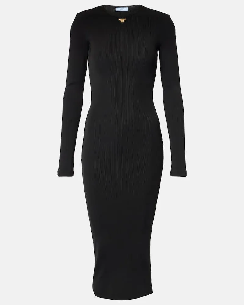 Prada Abito midi in maglia a coste con logo Nero