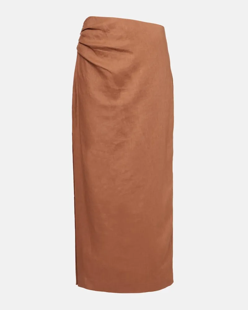 SIR Gonna midi asimmetrica in lino con ruches Marrone