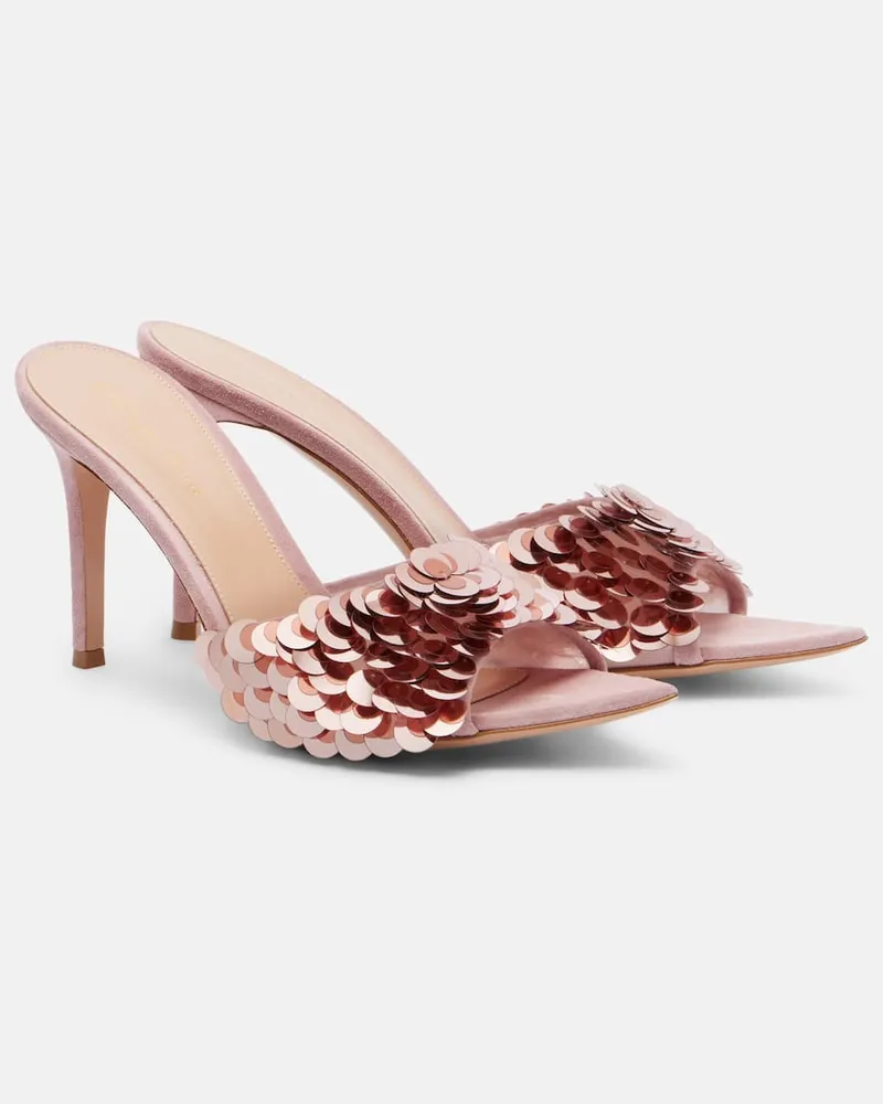 Gianvito Rossi Mules Elle in mesh con suede e paillettes Rosa