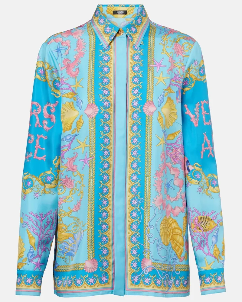 Versace Camicia Underwater Barocco in twill di seta Blu