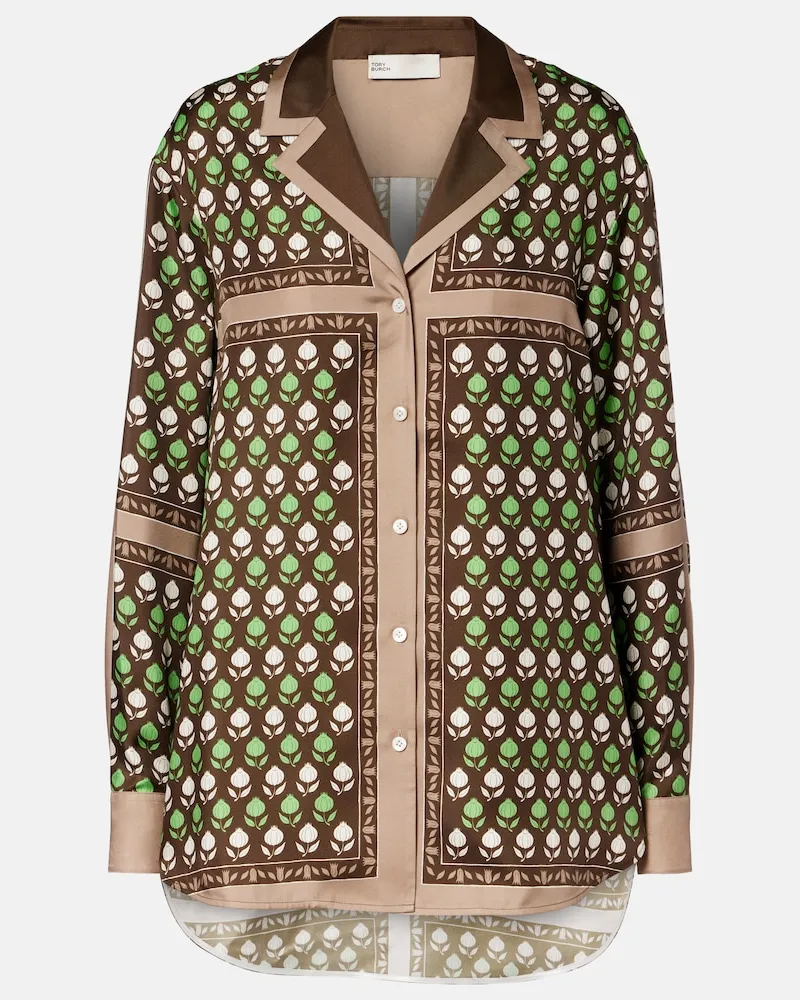 Tory Burch Camicia in twill di seta con stampa Marrone