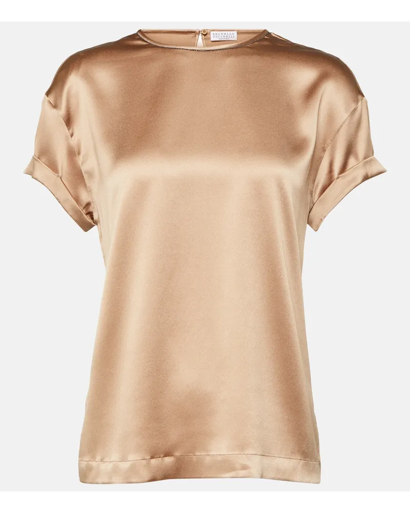 Brunello Cucinelli T-shirt in raso di misto seta Neutro