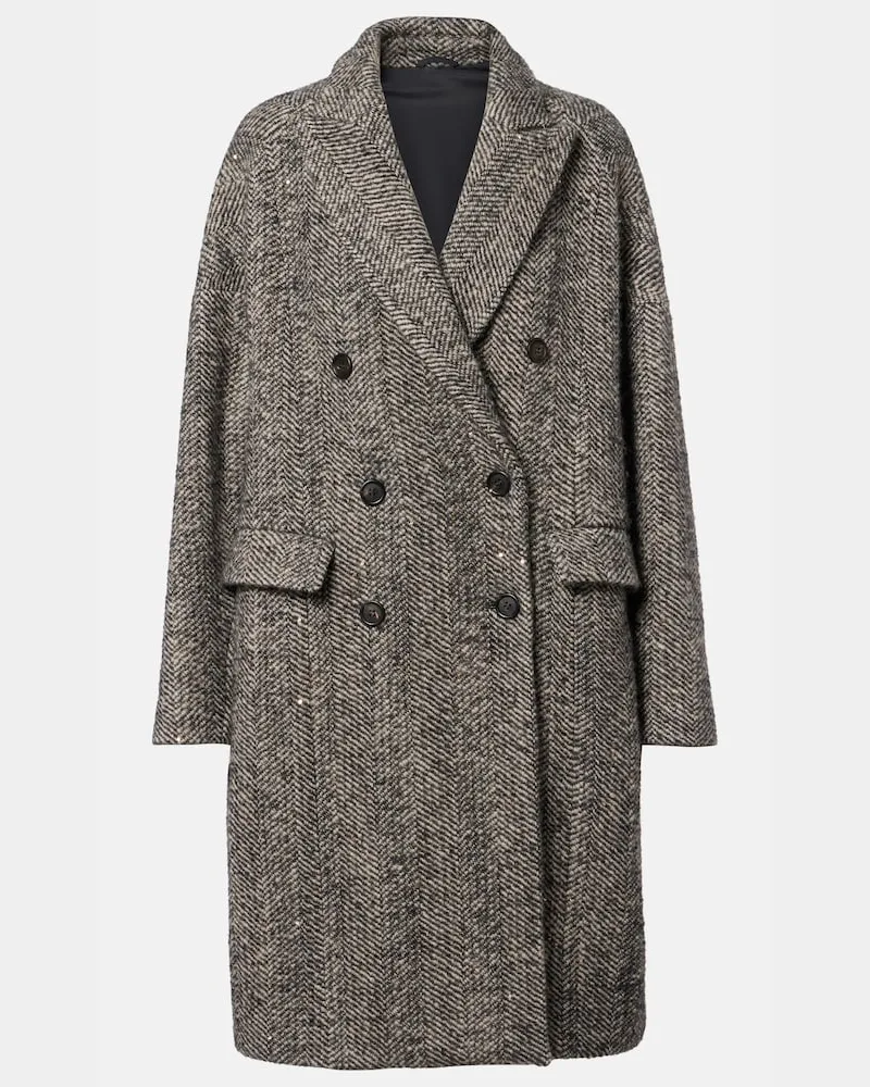 Brunello Cucinelli Cappotto in misto lana a spina di pesce Marrone