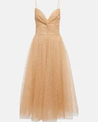 Monique Lhuillier Abito midi in tulle a pois Oro