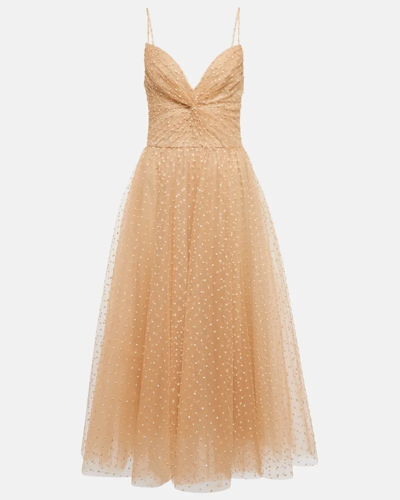 Monique Lhuillier Abito midi in tulle a pois Oro
