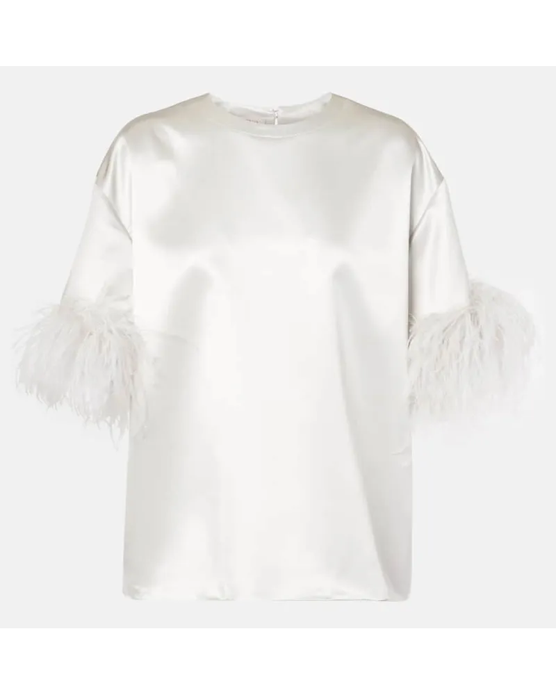 Valentino Garavani Top in raso di seta con piume Bianco