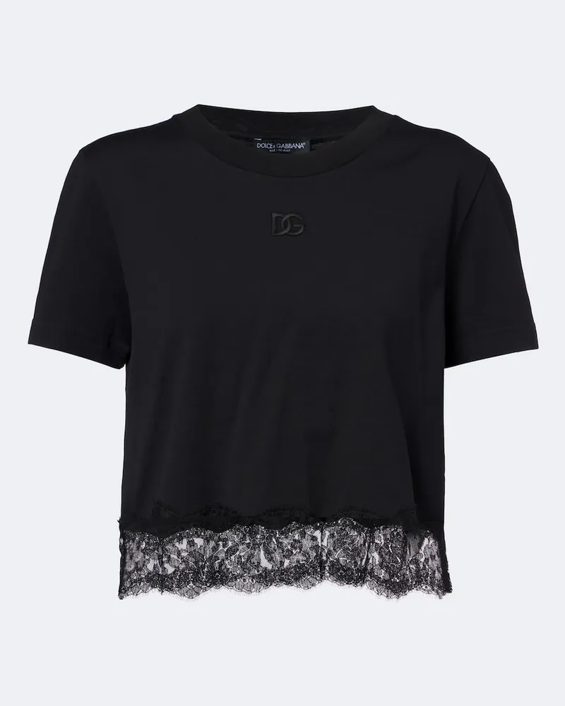 Dolce & Gabbana T-shirt in misto cotone con pizzo Nero