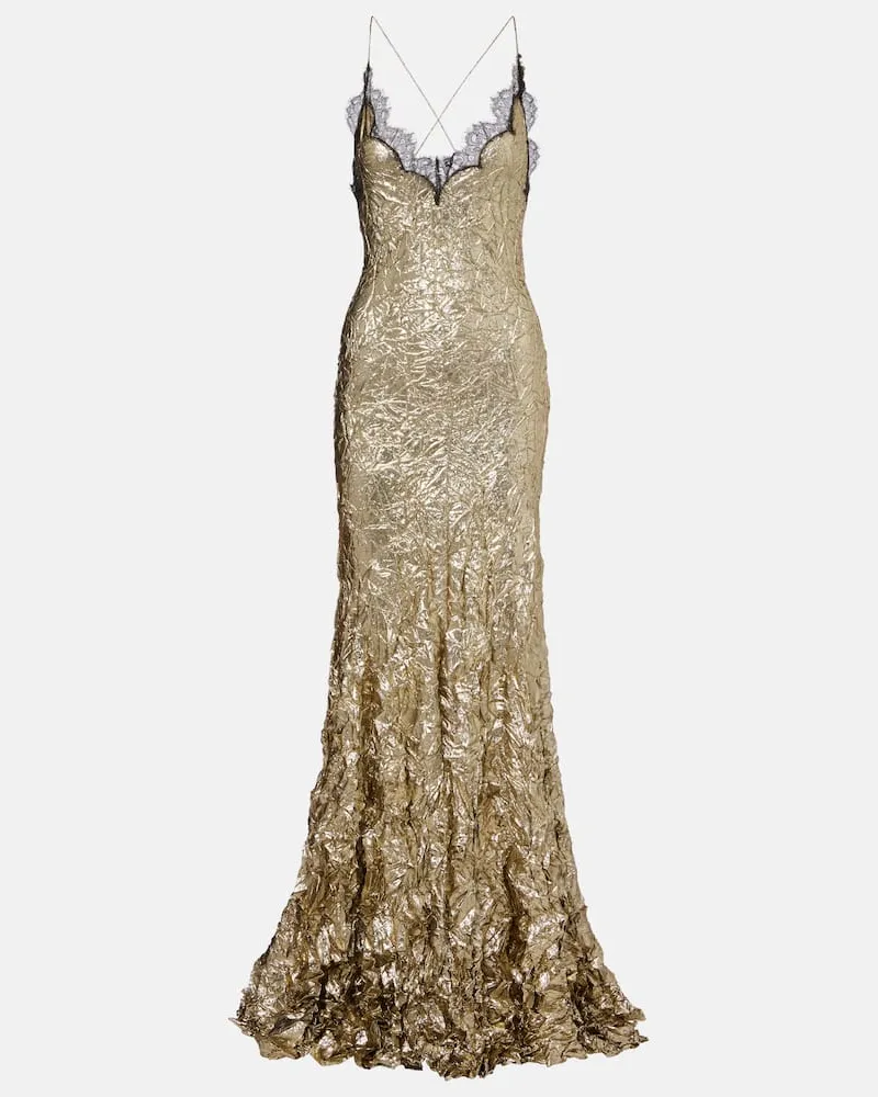 Roberto Cavalli Abito lungo in misto seta con pizzo Oro