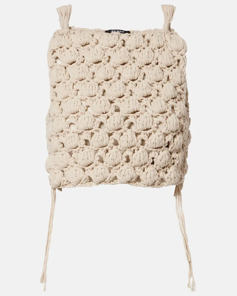 Balmain Top cropped in cotone crochet Beige