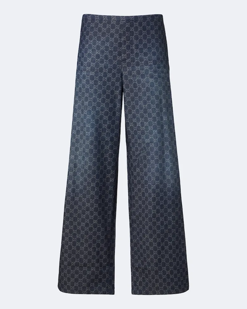 Gucci Pantaloni a gamba larga in chambray di cotone GG Blu