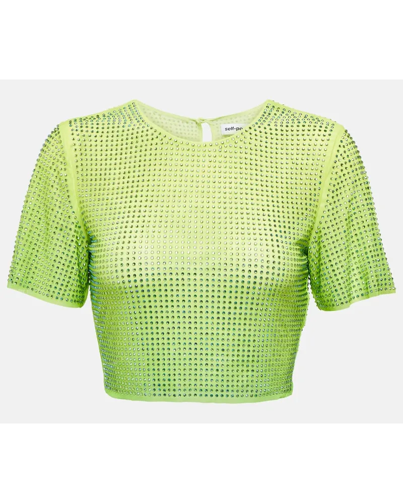 Self-Portrait Top cropped con cristalli Verde