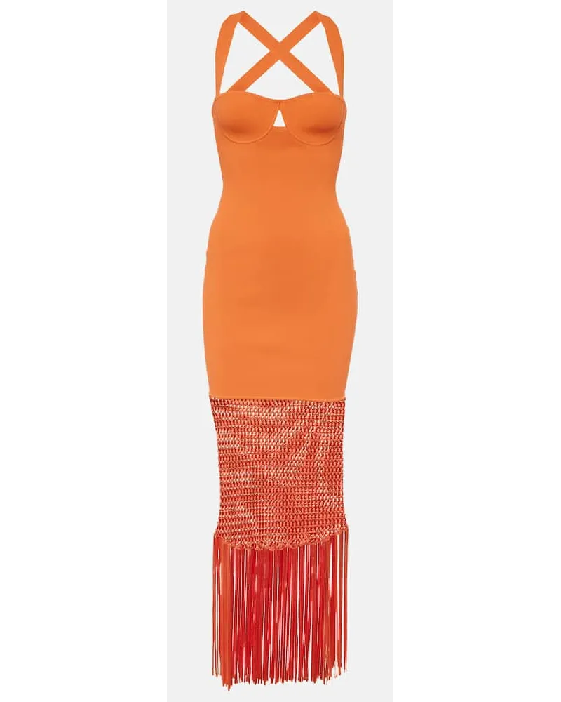 GALVAN Abito midi con frange Arancione