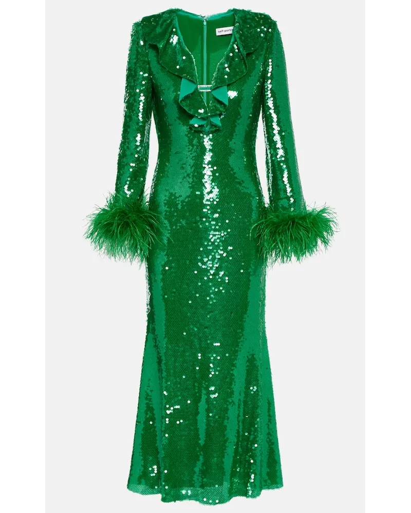Self-Portrait Abito midi con piume e paillettes Verde