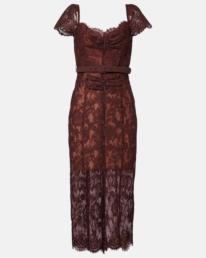 Self-Portrait Abito midi in pizzo floreale con cintura Marrone