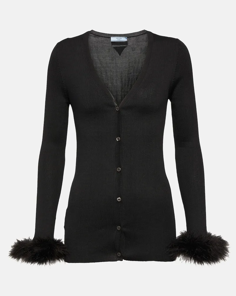 Prada Cardigan in seta con piume Nero