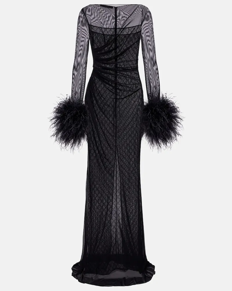 Gucci Abito lungo trasparente con piume GG Nero