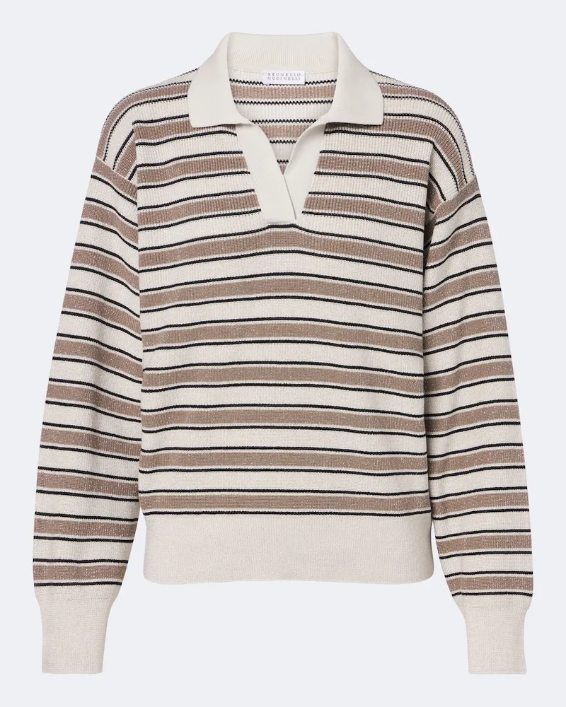 Brunello Cucinelli Pullover polo in misto cotone a righe Beige