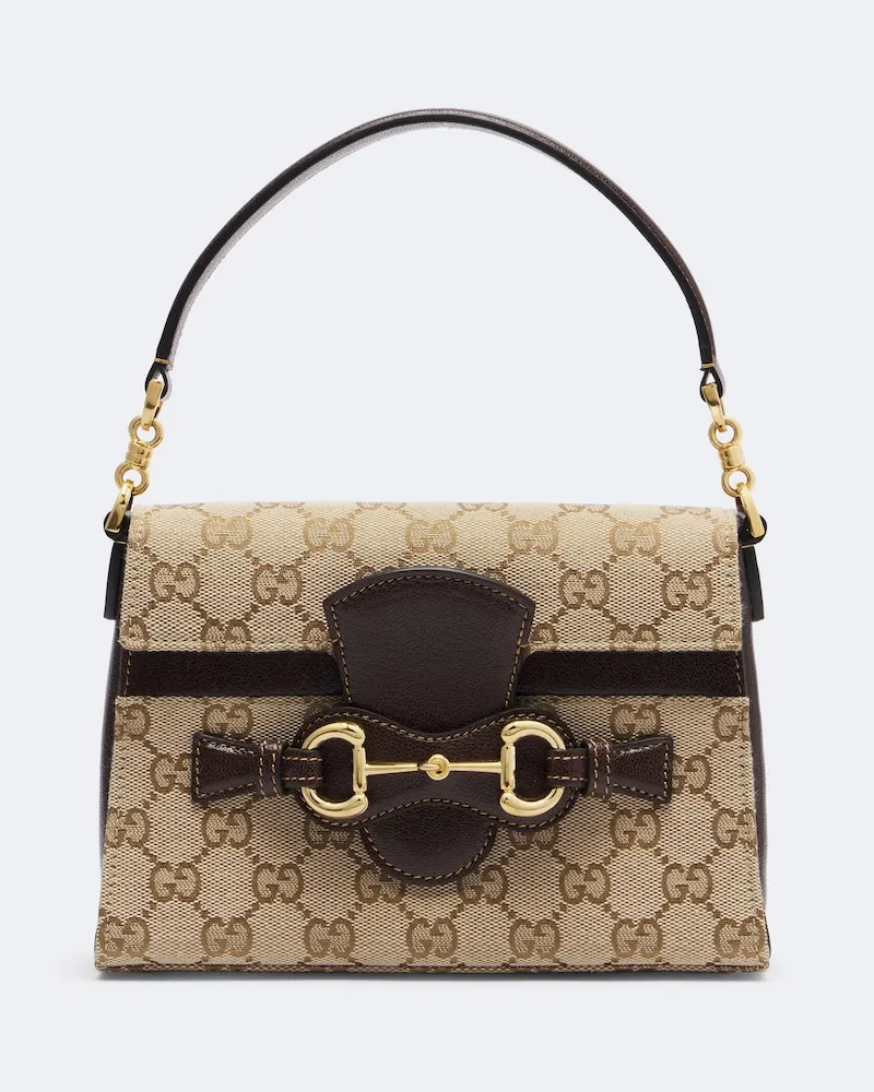 Gucci Borsa a mano Horsebit Small in canvas GG Beige