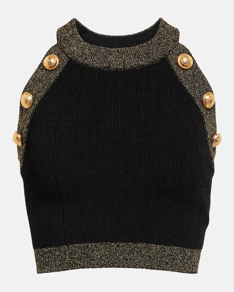 Balmain Top cropped in maglia con lamÃ Nero